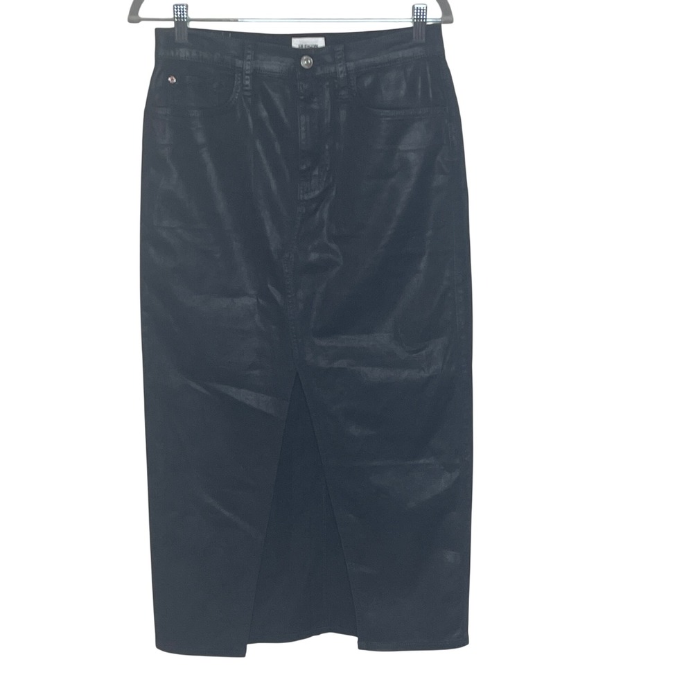 Hudson Jeans Black Coated Denim Midi Skirt‎ High Rise Front Slit Size 28